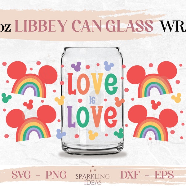 Love is Love Rainbow Libbey Can Glass SVG, Rainbow Mouse Ears Cup Wrap, LGBT Mouse Ears Svg, LGBT Pride Month Svg