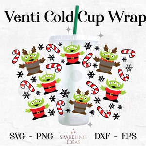 Può includere: Una tazza bianca con un personaggio alieno verde che indossa un cappello da Babbo Natale e disegni di bastoncini di zucchero. Il testo "Venti Cold Cup Wrap" è nella parte superiore dell'immagine.