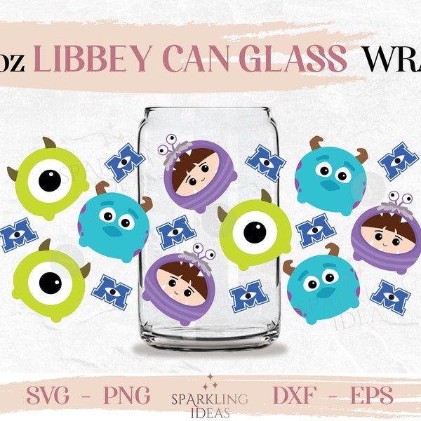 Tsum Tsum Mike LIBBEY Can glass wrap SVG 16oz, Monster Inc Libbey Glass Can Svg, Sulley Can Wrap Svg, Boo Little girl SVG Wrap Svg