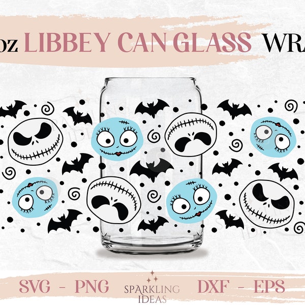 Jack and Sally LIBBEY Can glass wrap SVG 16oz, Nightmare before Christmas Libbey Glass Can, Jack Sally Can Wrap Svg, Creepy Halloween SVG