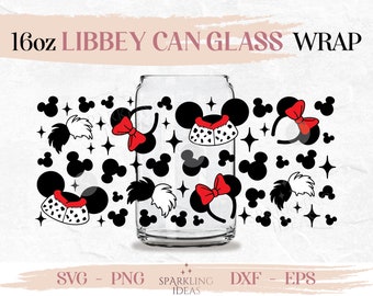 Cruella Ears LIBBEY Can glass wrap SVG 16oz, Magical Ears Libbey Glass Svg, Villains Inspired Wrap Svg