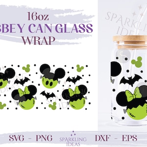 Frankenstein Ears 16oz Glass SVG, Mouse Frankenstein Libbey Glass Svg, Magical Halloween Wrap Svg