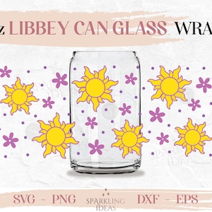 Op de afbeelding: 16oz Libbey blikglasverpakking met een ontwerp van paarse bloemen en gele zonnen. SVG, PNG, DXF, EPS.