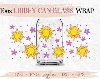 Tangled Sun LIBBEY Kan glas wrap SVG 16oz, Tangled Inspired Libbey Glass Can Svg, Tangled Flowers Svg