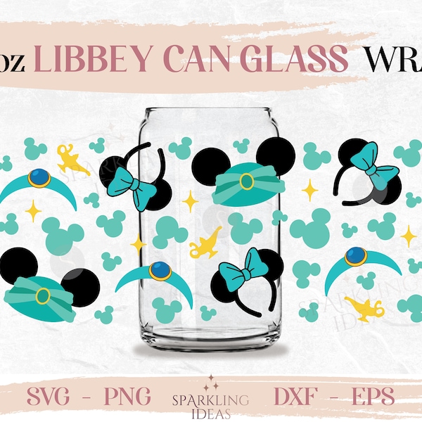 Jasmine Ears LIBBEY Can glass wrap SVG 16oz, Aladdin Libbey Glass Svg, Princess Wrap Svg