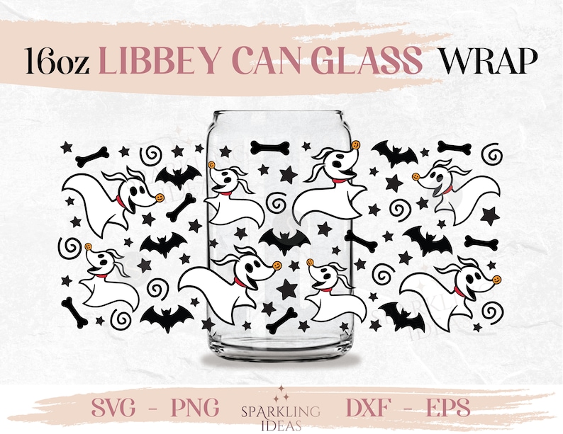 May include: A 16oz Libbey can glass wrap featuring a white ghost dog with a red collar and a cookie in its mouth. The design is repeated on a clear glass can with a black and white pattern of stars, bats, and bones.
