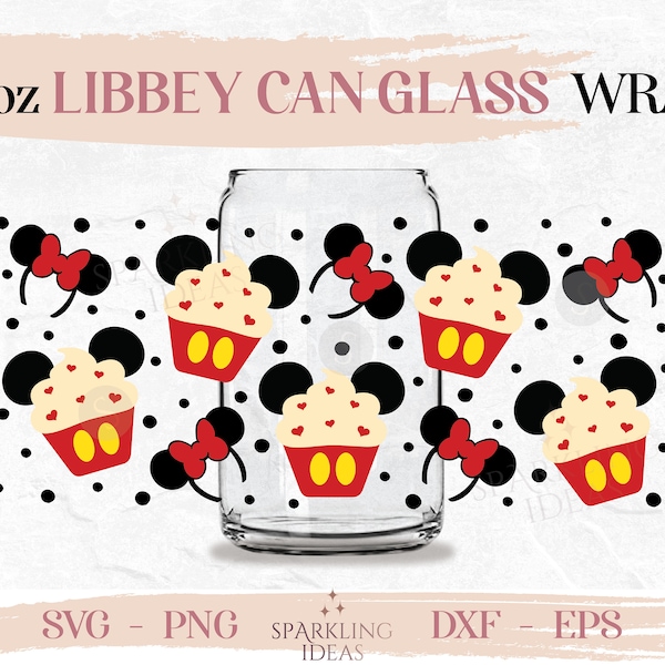 Cupcakes de souris LIBBEY Can verre SVG 16oz, bandeau de souris Libbey Glass Svg, oreilles de souris envelopper Svg