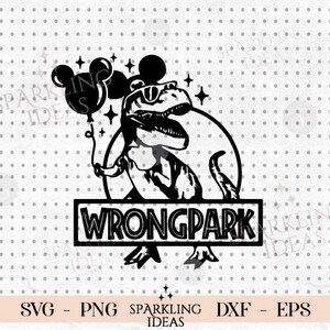 Puede incluir: Silueta en blanco y negro de un dinosaurio con orejas de Mickey Mouse y gafas de sol, sosteniendo un globo. El dinosaurio está de pie frente a un cartel que dice "Wrongpark".