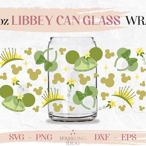 Tiana Ears LIBBEY Can glass wrap SVG 16oz, Princess Tiana Libbey Glass Svg, Princess Crown Hat Wrap Svg