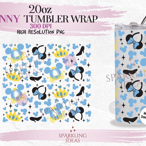 20oz Skinny Tumbler Cinderella Carriage Wrap, Fairy Wish Tumbler, Princess Crown Ears Digital PNG Sublimation