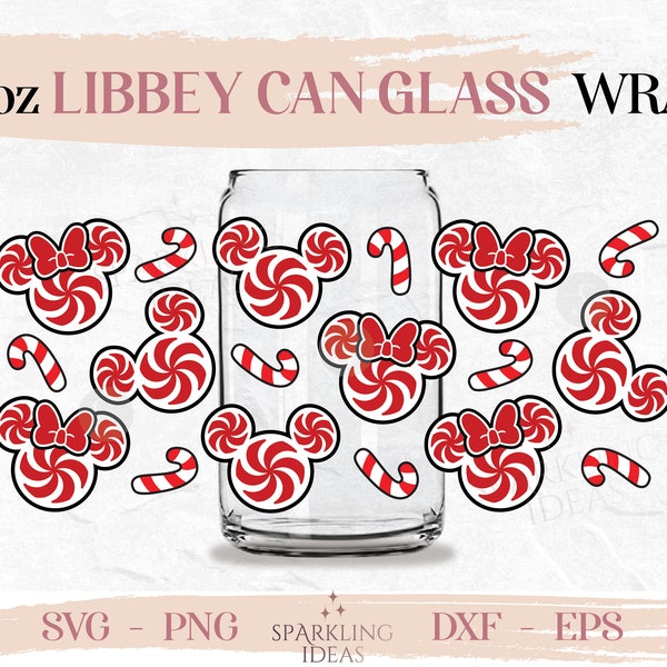 Christmas Candy Ears LIBBEY Can glass wrap SVG 16oz, Christmas Libbey Glass Svg, Mouse Christmas Candy Canes Wrap Svg, Candy Cane Swirl Svg