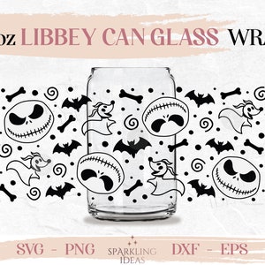 May include: A clear 16oz Libbey can glass wrap featuring a black and white design with Jack Skellington faces, Zero the ghost dog, bats, and bones. The design is suitable for Halloween or spooky-themed crafts.