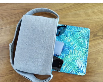 Upcycled denim medium messenger bag with pieced chevron flap and aloha inside blue Hawaiian ferns print