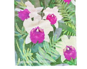 White and Magenta Cattleya Orchids on Green Background Printed Cotton Tea Towel, Gift for Orchid Lovers
