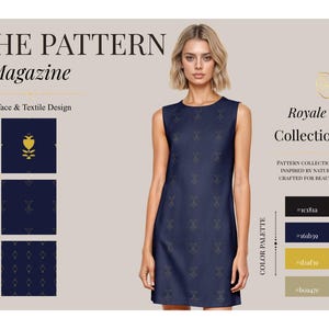 Può includere: Un abito senza maniche blu navy con un motivo floreale dorato ripetuto. L'immagine include il testo THE PATTERN Magazine, Royale Collection e una tavolozza di colori con i codici esadecimali #1c181a, #161b39, #d2af39 e #b0a47e.