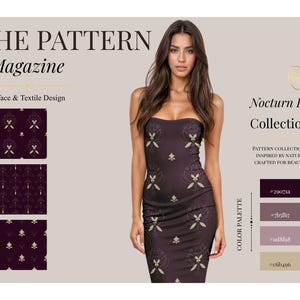 Può includere: Un abito senza spalline color viola scuro con un motivo ripetuto di fiori e farfalle chiari. L'immagine include il testo THE PATTERN Magazine, Nocturn E. Collection e una tavolozza di colori con quattro campioni di colore distinti.