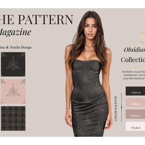 Può includere: Un abito nero senza spalline con un motivo geometrico ripetitivo a linee bianche. L'immagine include il testo THE PATTERN Magazine, Surface & Textile Design, Obsidian Collection e una tavolozza di colori con quattro campioni di colore.