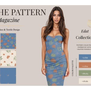 Può includere: Un abito blu senza spalline con un motivo botanico di foglie arancioni e verdi. L'immagine include il testo THE PATTERN Magazine, Surface & Textile Design, Edat Collection e una tavolozza di colori con quattro campioni di colore distinti.