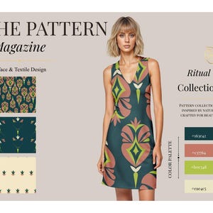 Può includere: Un abito senza maniche con sfondo verde acqua scuro e un motivo geometrico ripetitivo in rosa tenue, verde chiaro e crema. Il testo THE PATTERN Magazine, Surface & Textile Design, Ritual Collection e COLOR PALETTE è visibile.