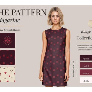 Può includere: Un abito a tubino senza maniche in una tonalità bordeaux profondo con un motivo ripetuto di piccoli quadrifogli rossi. L'abito presenta un semplice scollo rotondo e una silhouette dritta. L'immagine include il testo: THE PATTERN Magazine.