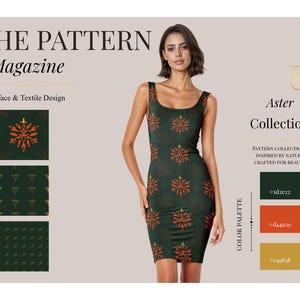 Può includere: Un abito senza maniche verde scuro con un motivo ripetitivo arancione e oro simile a fiocchi di neve. L'abito presenta uno scollo rotondo e una silhouette aderente. L'immagine include il testo THE PATTERN Magazine, Aster Collection e una tavolozza.