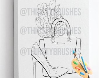 Pre-Drawn Canvas for Paint Parties, Flowers in Bag with shoe
