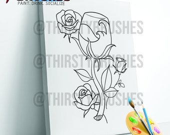 Pre-Drawn Canvas for Paint Parties, Rose Wine Glass