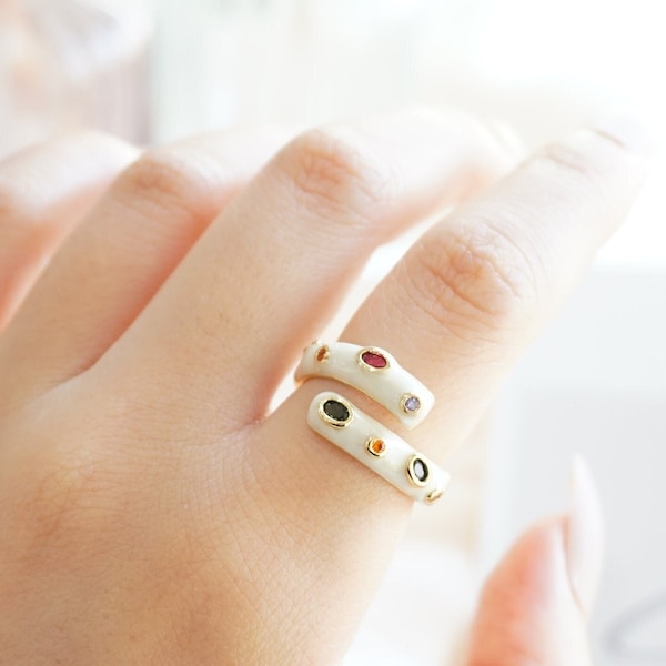 Enamel Diamond Stackable Ring - Adjustable Vintage 14k Gold Plated Boho Retro White Enamel Ring, Antique White Diamond Enamel ring