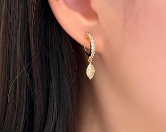 No Piercing Ear Clips, 14K Gold Plated Mini Leaf with Diamond Hoop Clip on Earrings, Hypoallergenic Wedding Ear Clips, Stylish Gift