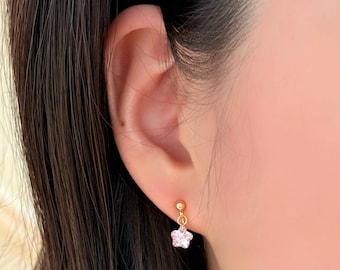 No Piercing Ear Clips, Pink, 14K Gold Plated Minimalist Pink Flower Diamond Clip on Earrings, Tiny Ear Clips, Hypoallergenic Clip on Earring