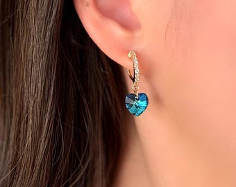 No Piercing Ear Clips, 14K Gold Plated Ocean Blue Heart Crystal Glass Clip On Hoop Earrings,  Hypoallergenic Elegant Ear Clips, Stylish Gift
