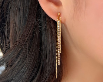 No Piercing Ear Clips, 14K Gold Plated Drop Diamond Clip on Earrings, Dangle Wedding Ear Clips, Long Chain Clip on Earings, Gift for Her