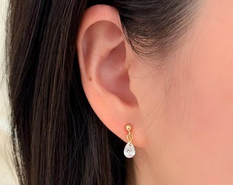 No Piercing Ear Clips, 14K Gold Plated Minimalist Pear-Shaped Diamond Clip on Earrings, Tiny Ear Clips, Hypoallergenic Clip on Earrings