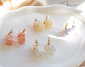 No Piercing Ear Clips, 14K Gold Plated Sugar Cube Pearl Earrings, Miniature food Clip on Earring Jewelry, Cute Wedding Ear Clips, Cute Gift
