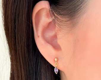 No Piercing Ear Clips, 14K Gold Plated Minimalist Purple Marquise Diamond Clip on Earrings, Tiny Ear Clips, Hypoallergenic Clip on Earrings