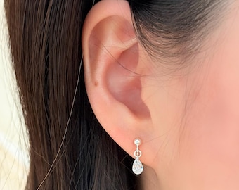 No Piercing Ear Clips, White Gold Plated Minimalist Tiny Pear-Shaped Diamond Clip on Earrings, Tiny Ear Clip, Hypoallergenic Clip on Earring