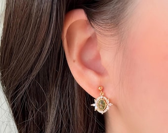 No Piercing Ear Clips, 14K Gold Plated  Retro Forest Green Diamond Clip on Earrings, Wedding Ear Clips, Clip on Earrings, Gift for Her