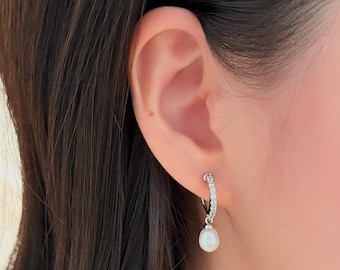 No Piercing Ear Clips, Freshwater Pearl with White Gold Plated Diamond Hoop Clip on Earrings, Hypoallergenic Wedding Ear Clips, Stylish Gift