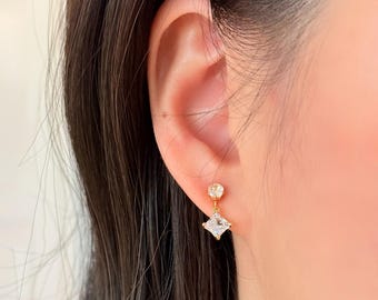 No Piercing Ear Clips, 14K Gold Plated Dual Shape Diamond Drop Clip on Earrings, Hypoallergenic Elegant Wedding Ear Clips, Stylish Gift