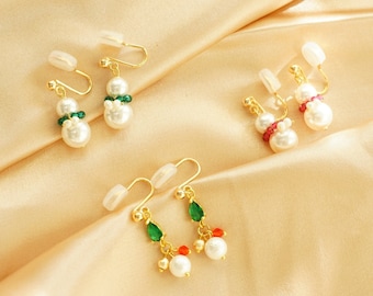 Christmas Snowman,Ball Ornament Piercing/No Piercing Ear Clips, Cute Clip on Earrings, 14K Gold Filled Hypoallergenic Earrings