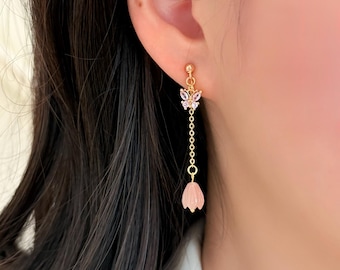 No Piercing Ear Clips, Pink, 14k Gold Plated Pink Butterfly with Resin Flower Clip on Earrings, Dangle Flower Long Chain Clip on Earings