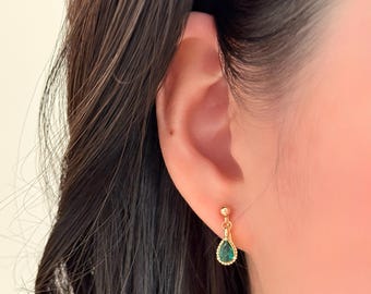 No Piercing Ear Clips, 14K Gold Plated Dainty Green Diamond Teardrop Clip on Earings, Wedding Ear Clips, Clip on Earrings, Gift for Her