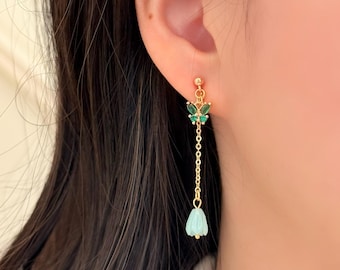No Piercing Ear Clips, 14k Gold Plated Green Butterfly with Resin Flower Clip on Earrings, Dangle Flower Long Chain Clip on Earings