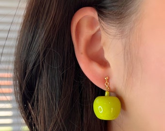 No Piercing Ear Clips, 14K Gold Plated Resin Apple Clip on Earrings, Miniature food Clip on Earring Jewelry, Cute Ear Clips, Fun Gifts