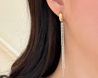 No Piercing Ear Clips, 14K Gold Plated Diamond Tassel Drop Clip on Earrings, Dangle Ear Clips, Long Chain Clip on Earings, Gift for Her