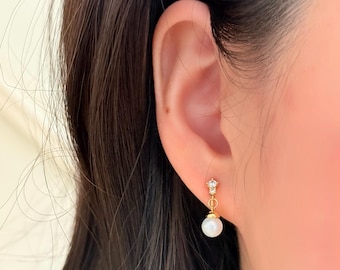 No Piercing Ear Clips, Dainty 14K Gold Plated Freshwater Pearl with Diamond Clip On Earrings, Wedding Ear Clips,  Cute Gift