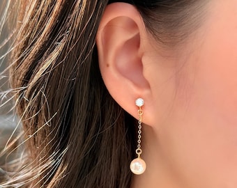 No Piercing Ear Clips, 14K Gold Plated White Diamond Drop Pearl Clip on Earrings, Dangle Wedding Ear Clips, Pearl Chain Clip on Earrings