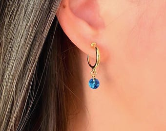 No Piercing Ear Clips, 14K Gold Plated Ocean Blue Round Crystal Glass Clip On Hoop Earrings,  Hypoallergenic Elegant Ear Clips, Stylish Gift