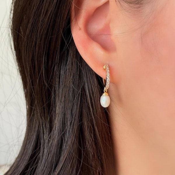 No Piercing Ear Clips, Freshwater Pearl with 14K Gold Plated Diamond Hoop Clip on Earrings, Hypoallergenic Wedding Ear Clips, Stylish Gift