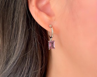 No Piercing Ear Clips, White Gold Plated Sparkling Purple Diamond Hoop Clip on Earrings, Hypoallergenic Ear Clips, Minimalist Earring Gift